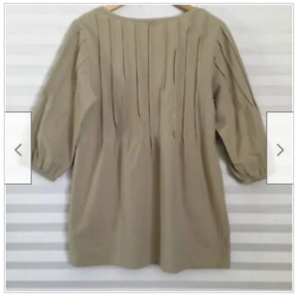 Soft‎ Surroundings Women's Tan 3/4 Sleeve Pleated Scoop Neck Top Blouse